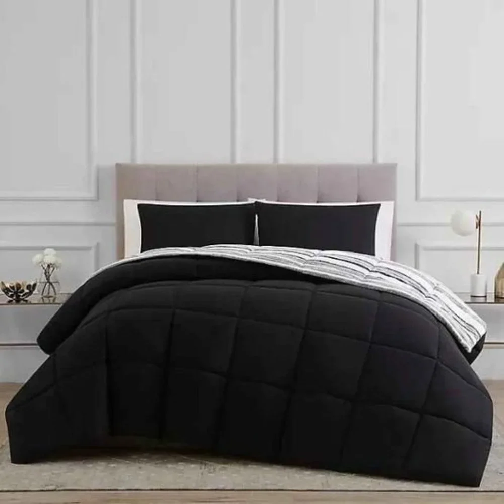 Reversible 2-Piece Stripe Twin Comforter Set in Black/White